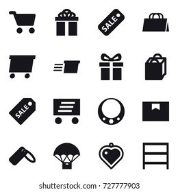 16 vector icon set : cart, gift, sale, shopping bag, delivery, sale label, necklace, heart pendant, rack