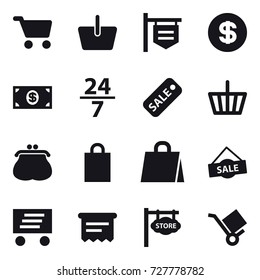 16 vector icon set : cart, basket, shop signboard, dollar, money, 24/7, sale, purse, shopping bag, delivery, atm receipt, store signboard