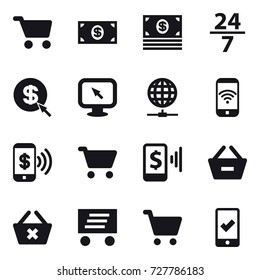 16 vector icon set : cart, money, 24/7, dollar arrow, monitor arrow, globe connect, phone wireless, phone pay, mobile pay, remove from basket, delete cart, delivery, mobile checking