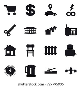 16 vector icon set : cart, dollar, car pointer, infinity power, airport building, houses, home, chair, radiator, toaster, kettle, soil cutter, hard reach place cleaning