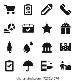 16 vector icon set : cart, report, pencil, phone, diagram, calendar, star, gift, spark plug, goverment house, palace, hotel, kitchen cleaning