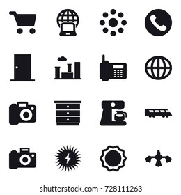 16 vector icon set : cart, notebook globe, round around, phone, door, city, globe, camera, chest of drawers, coffee maker, hard reach place cleaning