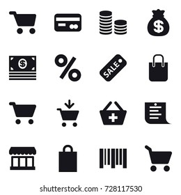 16 vector icon set : cart, card, coin stack, money bag, money, percent, sale, shopping bag, add to cart, add to basket, shopping list, market