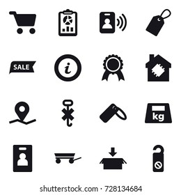 16 vector icon set : cart, report, pass card, label, sale, info, medal, smart house, identity card, trailer, package, do not distrub