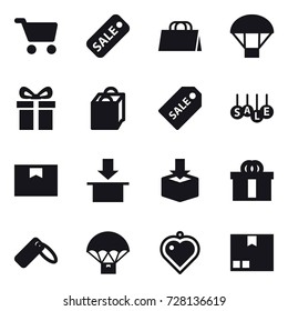 16 vector icon set : cart, sale, shopping bag, parachute, gift, sale label, heart pendant, package
