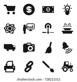 16 vector icon set : cart, dollar, money, bulb, atom, presentation, laser, fountain, camera, broom, bell, big spoon, tractor