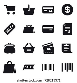 16 vector icon set : cart, basket, card, dollar, sale, shopping bag, credit card, account balance, purse, remove from basket, shopping list, barcode