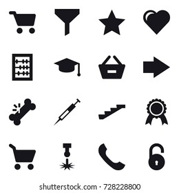 16 Vector Icon Set : Cart, Funnel, Star, Heart, Abacus, Graduate Hat, Remove From Basket, Right Arrow, Stairs, Medal