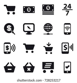 16 vector icon set : cart, money, 24/7, dollar arrow, monitor arrow, globe connect, phone wireless, phone pay, add to cart, mobile pay, remove from basket, delete cart, delivery, mobile checking