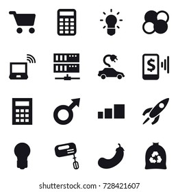 16 vector icon set : cart, calculator, bulb, atom core, notebook wireless, server, electric car, mobile pay, mixer, eggplant, garbage bag