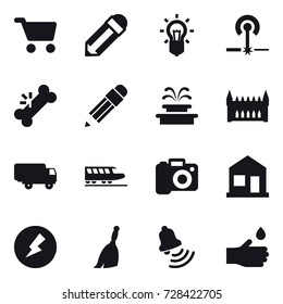 16 vector icon set : cart, pencil, bulb, laser, fountain, gothic architecture, train, camera, home, electricity, broom, bell, hand drop