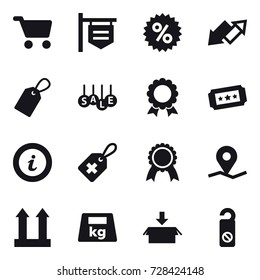 16 vector icon set : cart, shop signboard, percent, up down arrow, label, sale, medal, ticket, info, package, do not distrub