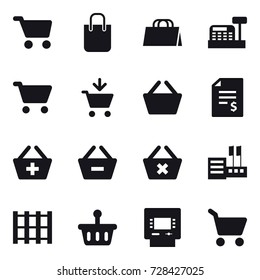 16 vector icon set : cart, shopping bag, cashbox, add to cart, basket, account balance, add to basket, remove from basket, delete cart, store, atm