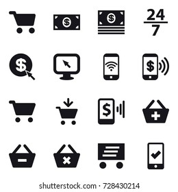 16 vector icon set : cart, money, 24/7, dollar arrow, monitor arrow, phone wireless, phone pay, add to cart, mobile pay, add to basket, remove from basket, delete cart, delivery, mobile checking