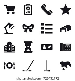 16 vector icon set : cart, report, phone, star, table lamp, bow, list, warehouse, building, check in, rake, spot