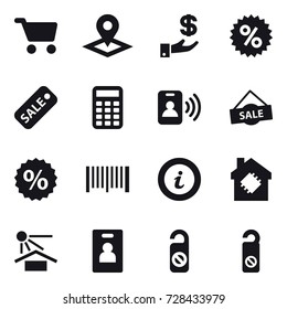 16 vector icon set : cart, pointer, investment, percent, sale, calculator, pass card, barcode, info, smart house, identity card, do not distrub