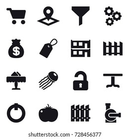 16 vector icon set : cart, pointer, funnel, gear, money bag, label, modular house, fence, restaurant, jellyfish, unlocked, table, water pump