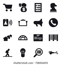 16 vector icon set : cart, money gift, abacus, chess horse, pass card, electrostatic, megafon, phone, houses, greenhouse, tourist, blower