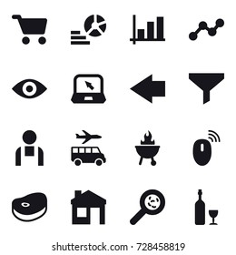 16 vector icon set : cart, diagram, graph, eye, notebook, left arrow, funnel, transfer, bbq, house, viruses, wine