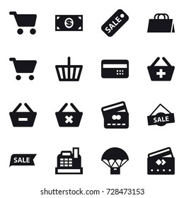 16 vector icon set : cart, money, sale, shopping bag, basket, credit card, add to basket, remove from basket, delete cart, cashbox