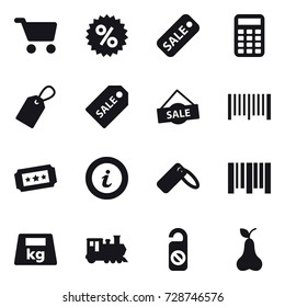 16 vector icon set : cart, percent, sale, calculator, label, sale label, barcode, ticket, info, train, do not distrub, pear