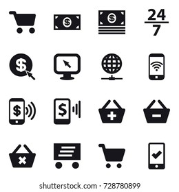 16 vector icon set : cart, money, 24/7, dollar arrow, monitor arrow, globe connect, phone wireless, phone pay, mobile pay, add to basket, remove from basket, delete cart, delivery, mobile checking