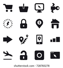 16 vector icon set : cart, basket, monitor arrow, satellite, lightning, lock, dollar pin, home, right arrow, arrival, unlocked, ring button