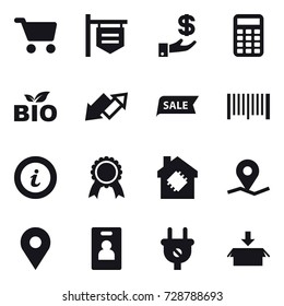 16 vector icon set : cart, shop signboard, investment, calculator, bio, up down arrow, sale, barcode, info, medal, smart house, identity card, package
