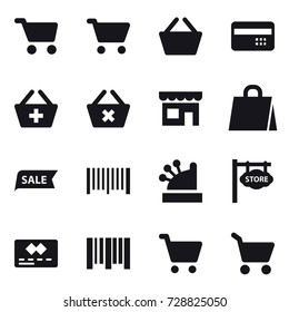 16 vector icon set : cart, basket, credit card, add to basket, delete cart, shop, shopping bag, sale, barcode, cashbox, store signboard