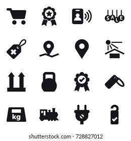 16 vector icon set : cart, medal, pass card, sale, train, please clean