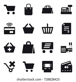 16 vector icon set : cart, shopping bag, cashbox, tap to pay, basket, account balance, add to basket, delivery, mall, atm, credit card