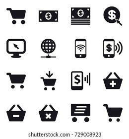 16 vector icon set : cart, money, dollar arrow, monitor arrow, globe connect, phone wireless, phone pay, add to cart, mobile pay, add to basket, remove from basket, delete cart, delivery