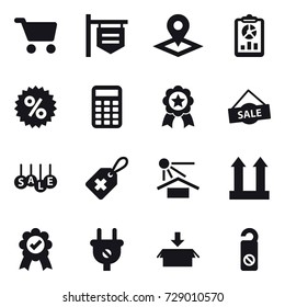 16 vector icon set : cart, shop signboard, pointer, report, percent, calculator, medal, sale, package, do not distrub
