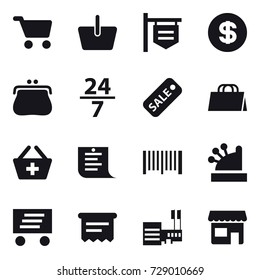 16 vector icon set : cart, basket, shop signboard, dollar, purse, 24/7, sale, shopping bag, add to basket, shopping list, barcode, cashbox, delivery, atm receipt, mall, shop