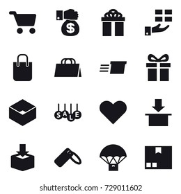 16 vector icon set : cart, money gift, gift, shopping bag, delivery, box, sale, package