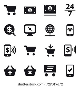 16 vector icon set : cart, money, 24/7, dollar arrow, monitor arrow, globe connect, phone wireless, phone pay, add to cart, mobile pay, add to basket, delete cart, delivery, mobile checking