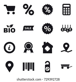 16 vector icon set : cart, percent, calculator, bio, sale, info, medal, smart house, do not distrub, trailer