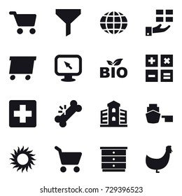 16 vector icon set : cart, funnel, globe, gift, delivery, monitor arrow, bio, calculator, building, sun, chest of drawers, chicken
