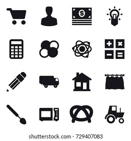16 vector icon set : cart, man, money, bulb, calculator, atom core, atom, pencil, home, curtain, big spoon, tractor