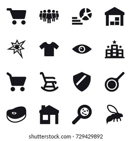 16 vector icon set : cart, team, diagram, warehouse, bang, t-shirt, hotel, rocking chair, pan, house, viruses, wasp