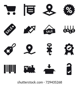 16 vector icon set : cart, shop signboard, pointer, percent, sale, up down arrow, train, package, please clean
