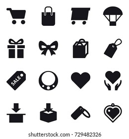 16 vector icon set : cart, shopping bag, delivery, parachute, gift, bow, label, sale label, necklace, heart pendant