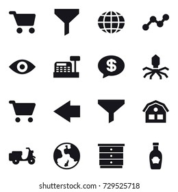 16 vector icon set : cart, funnel, globe, graph, eye, cashbox, money message, virus, left arrow, house, earth, chest of drawers