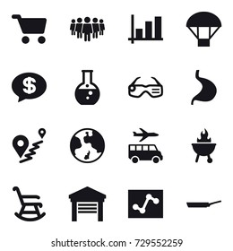 16 vector icon set : cart, team, graph, parachute, money message, round flask, smart glasses, earth, transfer, bbq, rocking chair, garage, pan