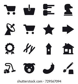 16 vector icon set : cart, basket, diagram, chess horse, satellite antenna, star, right arrow, medal, tower, home, vacuum cleaner, pig, eggplant, toilet brush