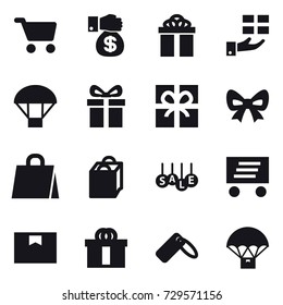 16 vector icon set : cart, money gift, gift, parachute, bow, shopping bag, sale, delivery