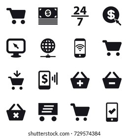 16 vector icon set : cart, money, 24/7, dollar arrow, monitor arrow, globe connect, phone wireless, add to cart, mobile pay, add to basket, remove from basket, delete cart, delivery, mobile checking