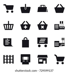 16 vector icon set : cart, basket, shopping bag, add to basket, delete cart, store, shopping list, delivery, mall, atm, shop