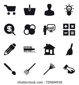 16 vector icon set : cart, basket, man, bulb, dollar arrow, atom core, presentation, calculator, pencil, train, home, broom, big spoon, fork, rake, wiping