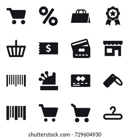 16 vector icon set : cart, percent, shopping bag, medal, basket, receipt, credit card, shop, barcode, cashbox, hanger